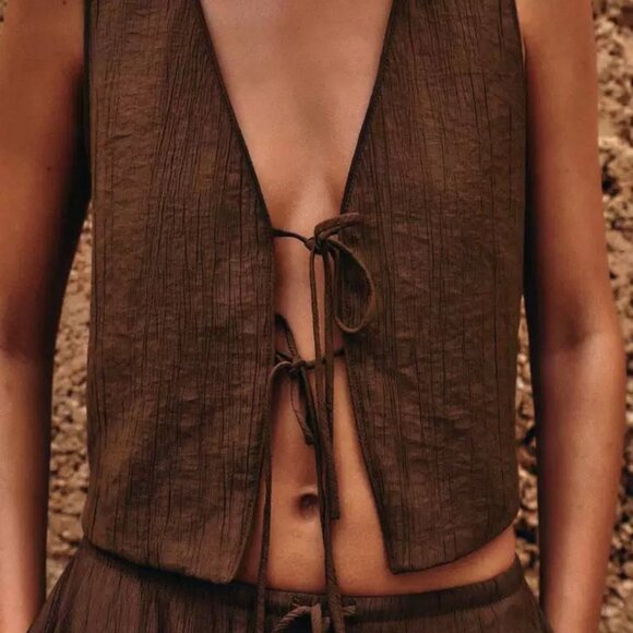 Zara Textured Tie-Front Cropped Vest Top - Brown - Size Small - Picture 3 of 5
